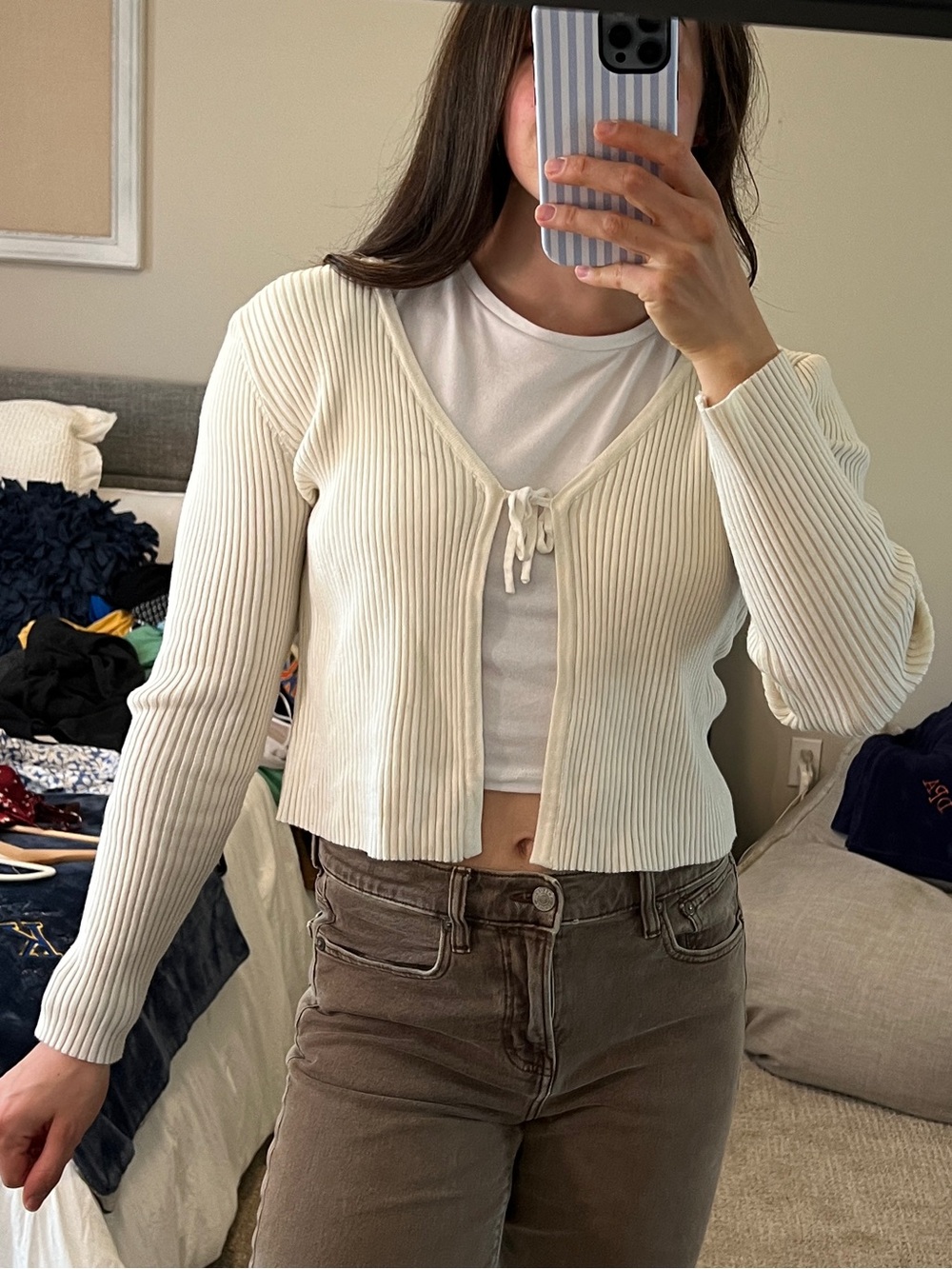 Cream Knit Tie Front Long Sleeve